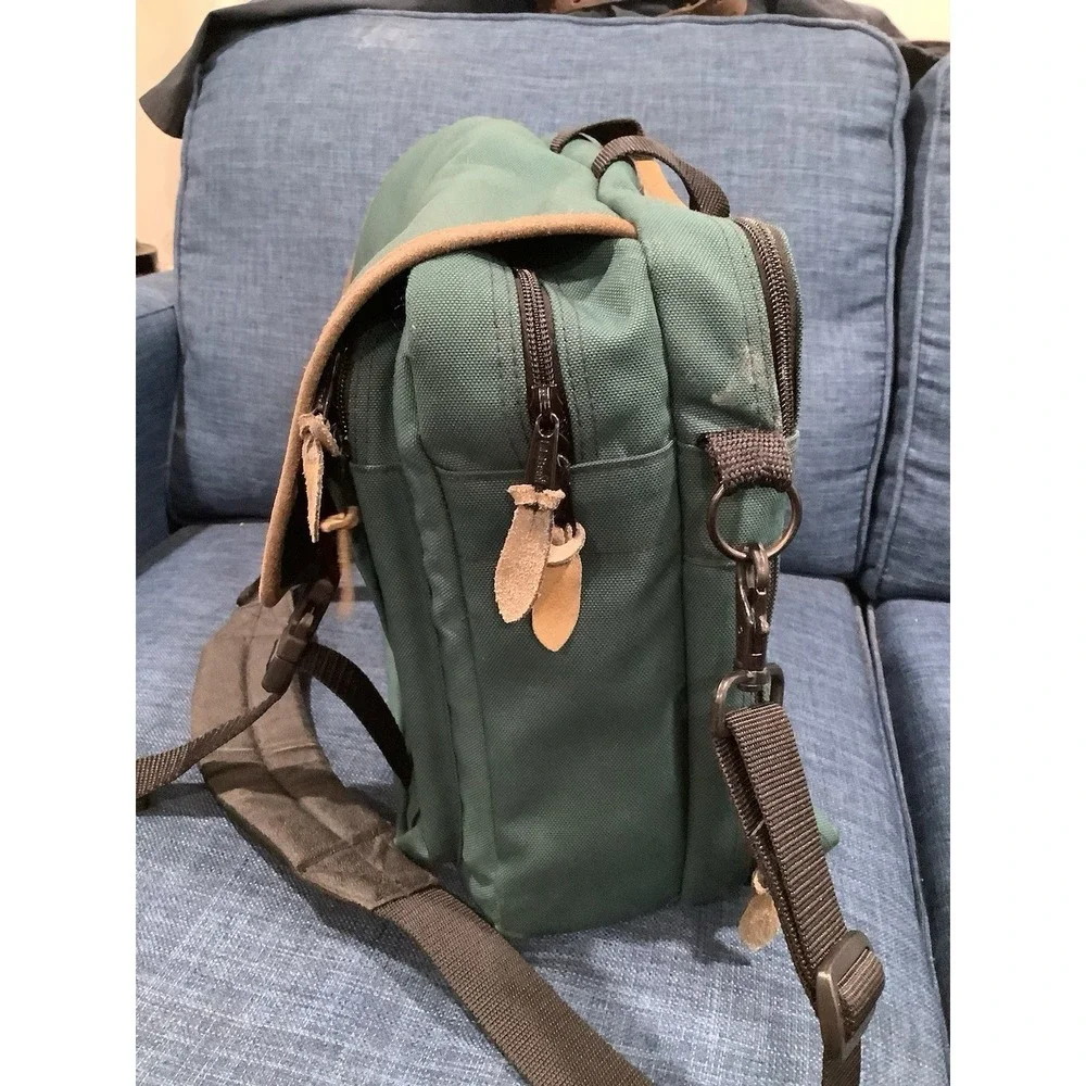 Vintage LL Bean  Green Leather & Canvas Messenger Lap Top Bag Shoulder Travel